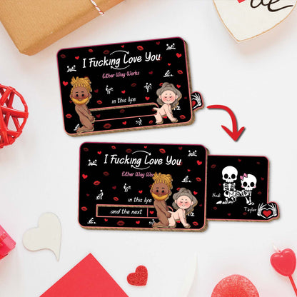Wooden Slider Card for Couple with romantic cartoon characters and love message by 365Gifty