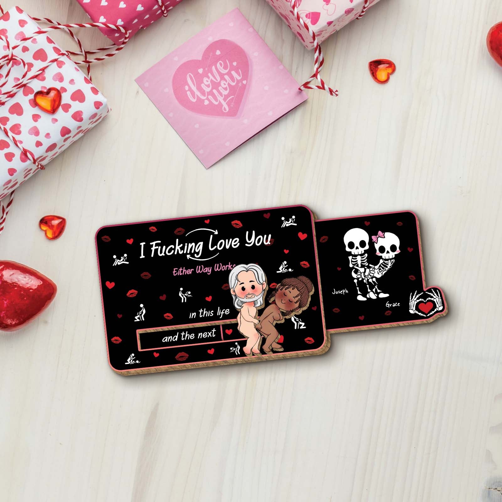 365Gifty Wooden Slider Card for Couple with romantic skeleton design and love message