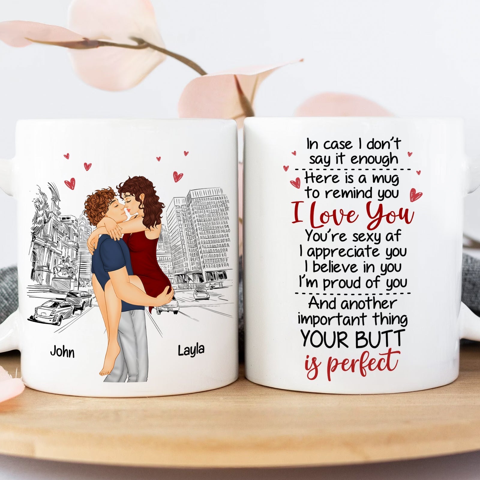 Couple kissing personalized 365Gifty mug with romantic message including your butt is perfect gift text