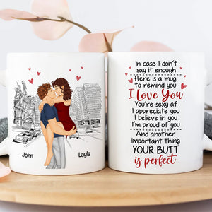 Couple kissing personalized 365Gifty mug with romantic message including your butt is perfect gift text
