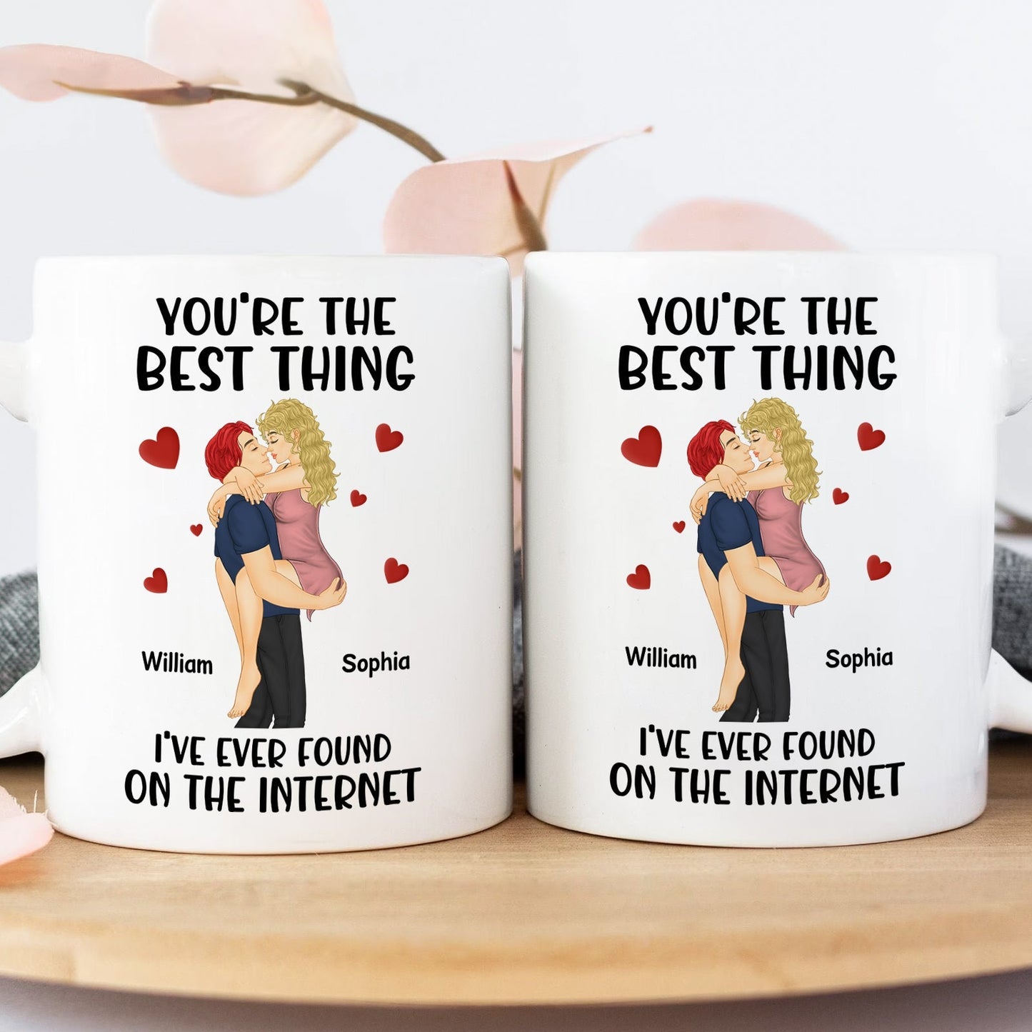 White mugs with romantic illustration and the text you're the best thing I've ever found on the internet mug