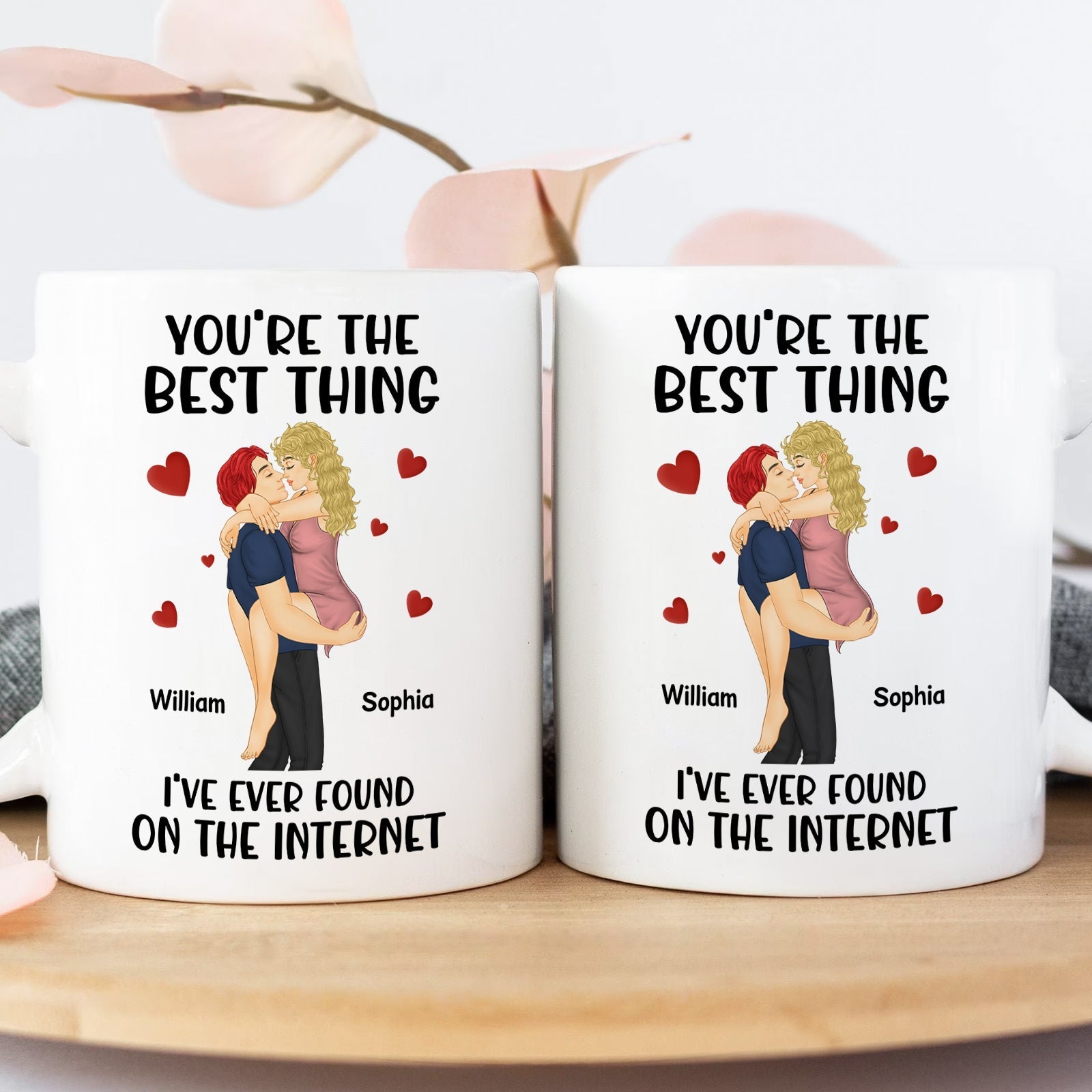 White mugs with romantic illustration and the text you're the best thing I've ever found on the internet mug