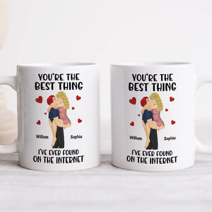 White ceramic mug with illustration and text you're the best thing I've ever found on the internet mug featuring couple and hearts