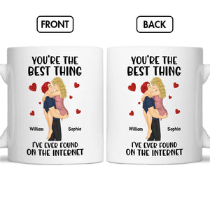 You're the best thing I've ever found on the internet mug with couple hugging and personalized names William and Sophia