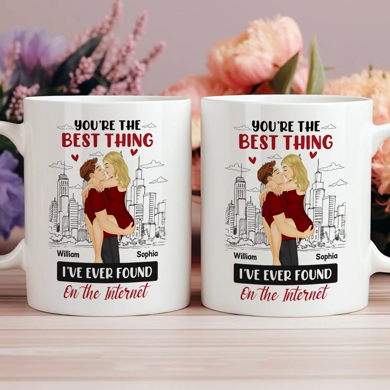 White you're the best thing mug with couple illustration and personalized names William and Sophia
